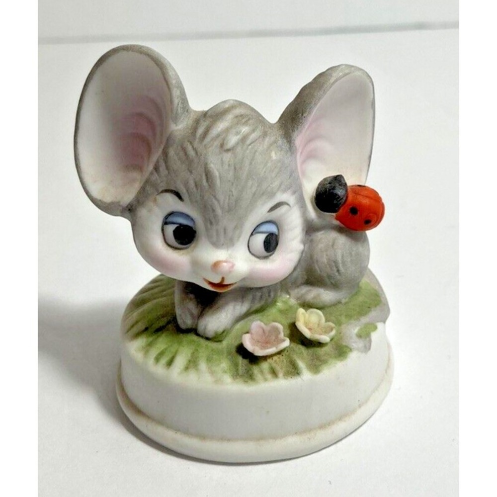 Vintage Mouse in Grass Figurine Small Gray with Ladybug